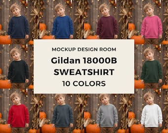 Sudadera Gildan 18000B de otoño con cuello redondo para jóvenes, fondo rústico de calabaza, 10 colores