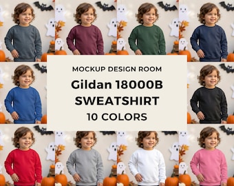 Maqueta de Halloween / Sudadera Gildan 18000B / Maqueta de cuello redondo para niños / Modelo infantil espeluznante / 10 colores