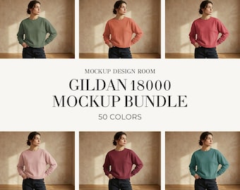 Gildan 18000 Mockup Bundle | 50 Colors | Studio Lifestyle Pack | Unisex Crewneck Sweatshirt Mockup | Digital File