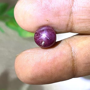 May include: A round, cabochon-cut star ruby gemstone with a deep purplish-red hue. The stone features a distinct six-rayed asterism effect, appearing as a bright white star pattern centered on the polished, smooth, and translucent surface.