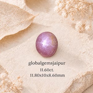 May include: A round, cabochon-cut purple star ruby gemstone displaying a distinct six-rayed star effect. The stone is labeled with the text globalgemsjaipur, 11.60ct., and 11.80x10x8.60mm, indicating its weight and dimensions in millimeters.