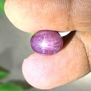 May include: A polished, oval-shaped star ruby gemstone with a deep magenta-purple hue. The stone features a distinct six-rayed star effect, known as asterism, visible on its smooth, domed surface, along with natural dark inclusions throughout.