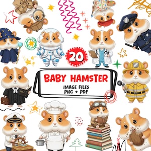 Cute Hamster Clipart Bundle | 20 Hamster Profession PNG | Graphics for Nursery Decor, Crafts, Projects, Playful Hamster