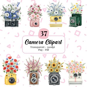 May include: A collection of watercolour illustrations featuring cameras decorated with flowers. The cameras are in various colours, including black, pink, yellow, and green. The flowers are a mix of blue, white, pink, red, and yellow. Text reads "37 Camera Clipart".