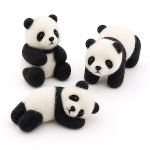 May include: Three needle-felted panda figurines made of white and black wool. One panda sits upright, one stands on all fours, and one lies down on its side. Each panda features small black ears, black eye patches, and a black nose.