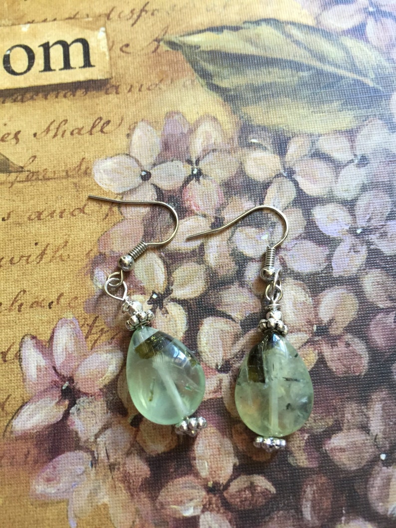 Natural Gemstone Earrings Prehnite Jewelry Prehnite Drop Earrings