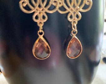 Gold tone filigree earrings, Pink teardrop filigree earrings