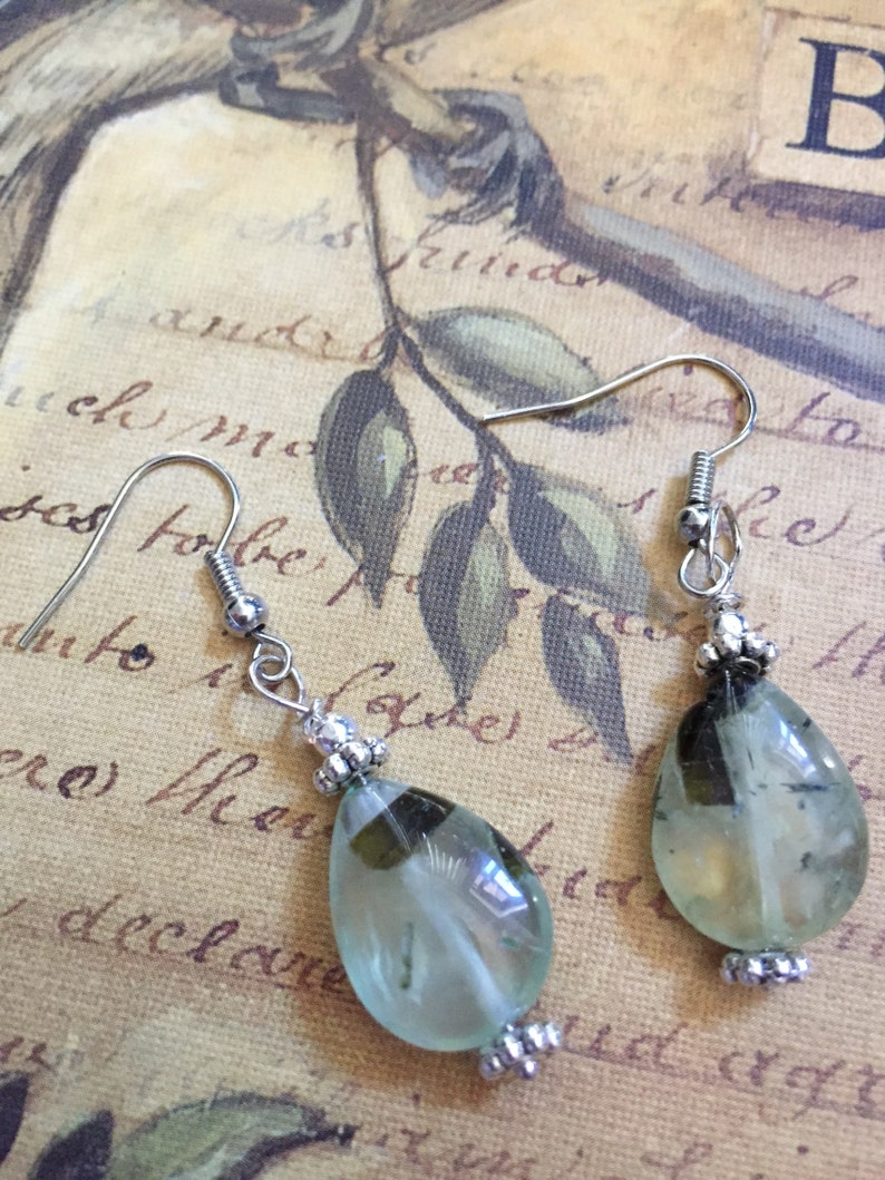Natural Gemstone Earrings Prehnite Jewelry Prehnite Drop Earrings