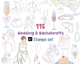 Procreate Stamps Wedding Theme | Fine Line Floral & Bridal Illustration Brushes (115) + Bonus Paper Textures