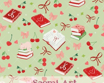 Coquette Bookish Cherries Seamless Pattern | PNG JPG | Commercial Use