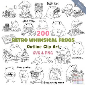 Clipart z żabą retro 200 retro fantazyjnych konturów żaby | Uroczy zestaw Cottagecore Frog SVG PNG | Grafika liniowa do kolorowanek i Cricut