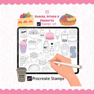 Puede incluir: Un conjunto de sellos digitales para Procreate con 115 ilustraciones de snacks, bebidas y postres. La pantalla muestra iconos de arte lineal de alimentos como pizza, hamburguesas y batidos, con el texto 115 Snacks, Drinks & Desserts Stamps set.