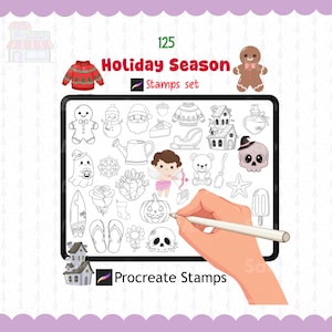 125 Holiday Season Procreate Stamps Bundle | Fall, Christmas, Easter, Summer, Halloween (Digital Download)