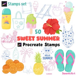 May include: A digital collection of 50 Sweet Summer Procreate stamps featuring line art and colored illustrations of summer items including a yellow bottle, tote bag, popsicle, hibiscus flower, swimsuit, pineapple, oranges, and teal flip-flops.