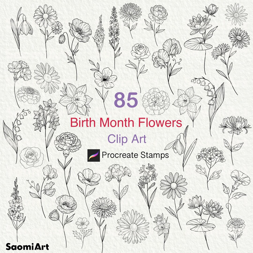 Birth Month Flowers Procreate Stamps | Floral Brush Set | Birth Flower ...