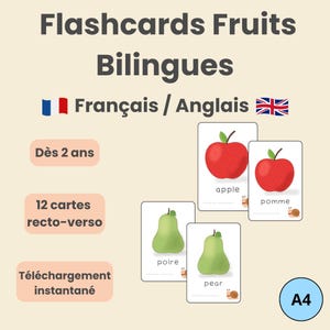 Peut inclure: Cartes éducatives de fruits bilingues français/anglais. Les cartes présentent des illustrations de pomme et de poire, avec les mots "apple", "pomme", "pear" et "poire". Conçues pour les enfants dès 2 ans. 12 cartes recto-verso, format A4.
