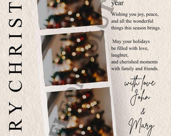 May include: A Christmas card with a festive design. The card features a series of blurred images of a Christmas tree with lights. Text includes "Merry Christmas" and holiday wishes, signed "John & Mary."