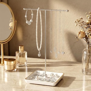 Jewelry Tree Holder with Ceramic Base | 12" Necklace Organizer Stand for Earrings Bracelets Rings Vintage Decor