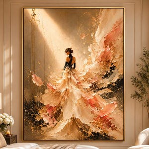 May include: A large framed abstract painting dominates a bedroom scene. The artwork features a woman in a flowing gown, rendered in shades of gold, peach, and black. The bedroom includes a bed with neutral bedding, a chair, and a side table with flowers.