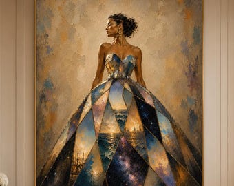 Celestial Woman Art | Luxury Statement Print | Cosmic Fashion Artwork | Modern Glam Decor | Abstract Dress Art | Digital Wall Art
