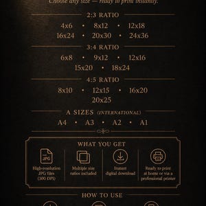 May include: Print size guide with size ratios and A sizes, including 4x6, 8x12, 12x18, 16x24, 20x30, 24x36, 6x8, 9x12, 12x16, 15x20, 18x24, 8x10, 12x15, 16x20, 20x25, A4, A3, A2, and A1. Includes JPG files, multiple size ratios, and instant digital download.
