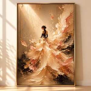 May include: An elegant framed artwork depicts a woman in a flowing gown. The dress is a cascade of peach, pink, and gold hues, with a textured, abstract design. The woman wears a black top and gloves. The background is a soft, neutral tone.