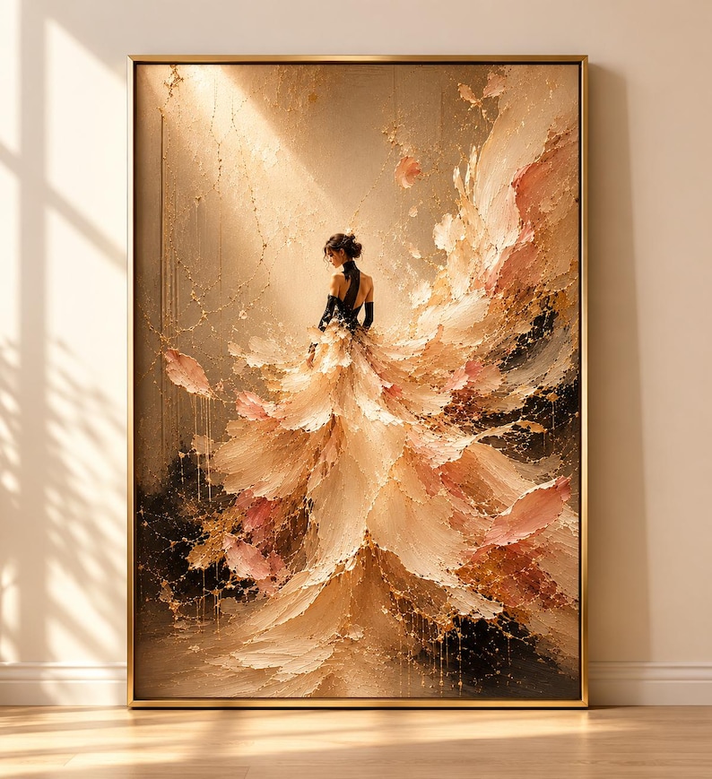 May include: An elegant framed artwork depicts a woman in a flowing gown. The dress is a cascade of peach, pink, and gold hues, with a textured, abstract design. The woman wears a black top and gloves. The background is a soft, neutral tone.