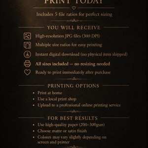 May include: A digital download advertisement with a dark brown background and gold text. The text reads "Instant Download - Print Today" and lists features like high-resolution JPG files and multiple size ratios. The bottom text says "Created for timeless, elevated interiors."