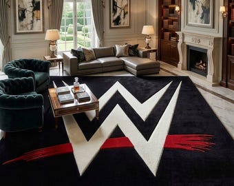 Tapete de área com logotipo de luta livre, feito à mão, preto, com estampa gráfica, para quarto, tapete de lã artesanal para sala de jogos, espaço masculino, decoração moderna para casa com tema esportivo.