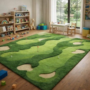 Alfombra de lana tejida a mano con diseño de campo de golf para guardería o sala de juegos – Alfombra deportiva con textura de musgo.