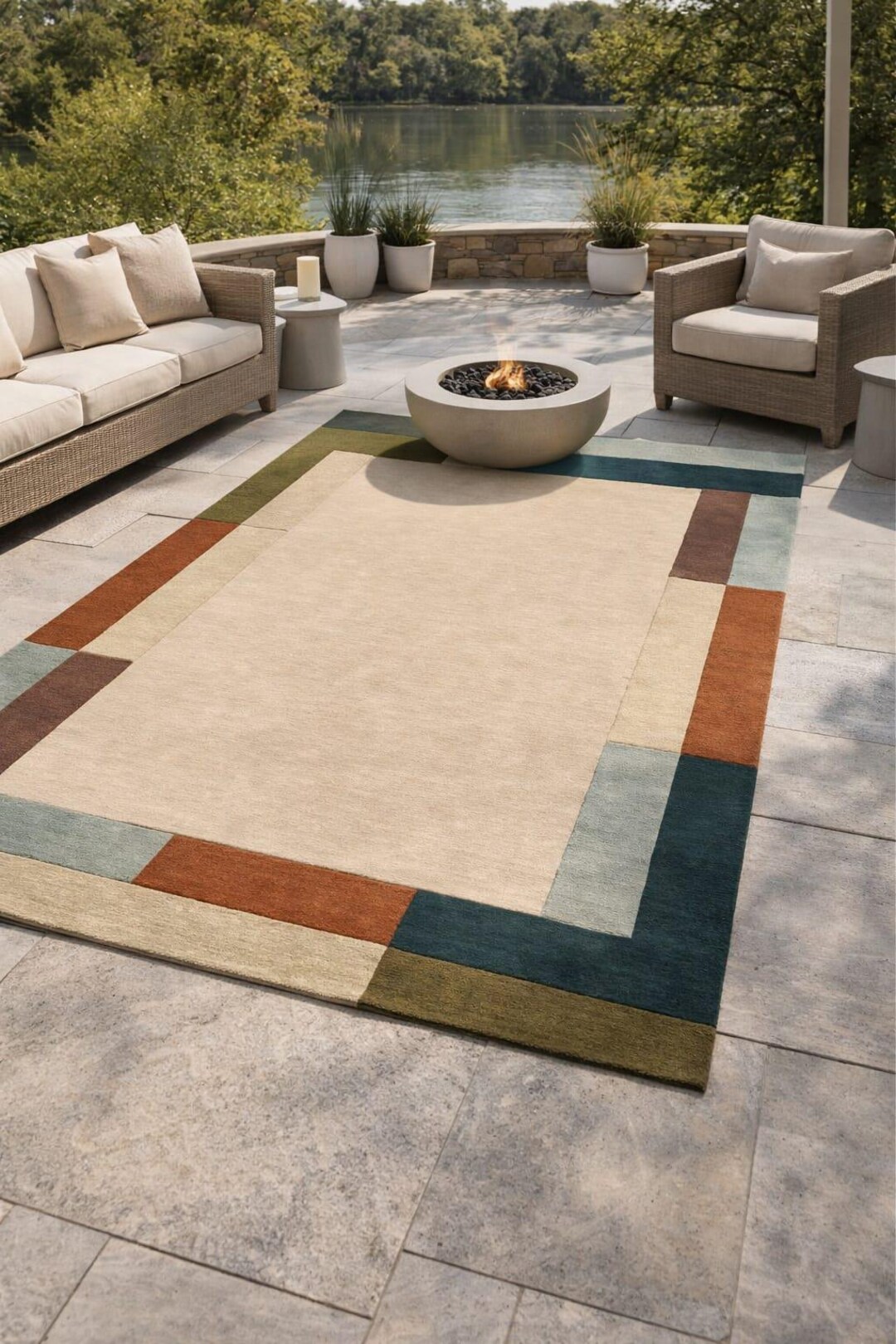 Hand-tufted Geometric Border Area Rug: Cream, Teal, Rust, Olive ...