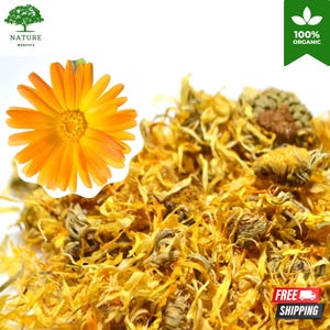 Può includere: Un vibrante fiore di calendula arancione posizionato accanto a un mucchio di petali di calendula essiccati gialli e arancioni. L'immagine include un logo verde con un albero e il testo NATURE monstera, e un banner verde con 100% ORGANIC.