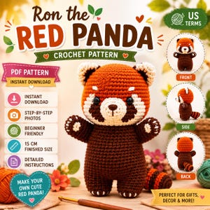 May include: A crochet pattern for a red panda toy, featuring text Ron the Red Panda, PDF Pattern, Instant Download, and 15 cm finished size. The image displays a brown and orange crocheted red panda with black eyes and white accents, plus three circular inset photos showing the front, side, and back views of the finished toy.
