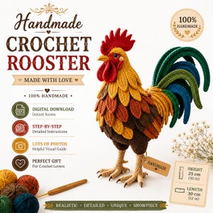 Puede incluir: Un gallo de ganchillo hecho a mano con cresta roja, cuello amarillo y cuerpo marrón con plumas de cola verdes y azules. El gallo mide 25 cm de alto y 30 cm de largo, con una pequeña etiqueta marrón con la palabra HANDMADE atada a su pata.