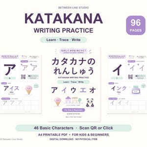 May include: A 96-page Katakana writing practice digital download for kids and beginners. The purple and white instructional sheets feature Japanese characters, stroke order guides, QR codes, and illustrations of ice cream and a panda.