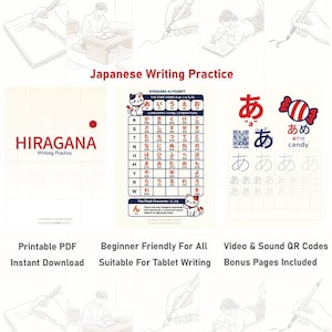 Puede incluir: Gráfico que promueve la práctica de la escritura japonesa, con el alfabeto Hiragana, ejemplos de caracteres y páginas de práctica. Incluye el texto "Japanese Writing Practice", "Hiragana" y "Printable PDF Instant Download".