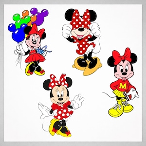 May include: Four illustrations of Minnie Mouse in various poses. Minnie is wearing a red dress with white polka dots, a red bow, and yellow shoes. One Minnie holds balloons, another a gift, and another is wearing a red shirt with a yellow skirt.