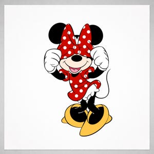 May include: A cartoon illustration of Minnie Mouse, a cheerful character with black ears, wearing a red dress and bow with white polka dots. She has yellow shoes and white gloves, with her hands raised near her face.