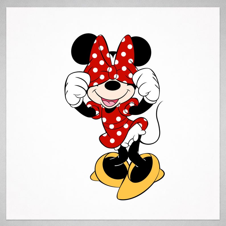 May include: A cartoon illustration of Minnie Mouse, a cheerful character with black ears, wearing a red dress and bow with white polka dots. She has yellow shoes and white gloves, with her hands raised near her face.