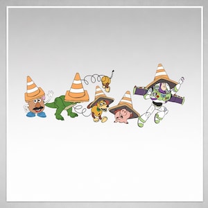 May include: A cartoon image featuring characters from the Toy Story franchise, each wearing an orange and white traffic cone as a hat. Characters include Mr. Potato Head, Rex the dinosaur, Slinky Dog, Hamm the pig, and Buzz Lightyear.