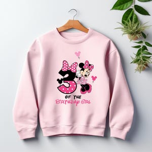 Pu&ograve; includere: Una felpa rosa chiaro con una grafica di Minnie Mouse e il numero 3 a pois. Il testo "OF THE BIRTHDAY GIRL" &egrave; stampato sotto. La felpa ha un girocollo e maniche lunghe.