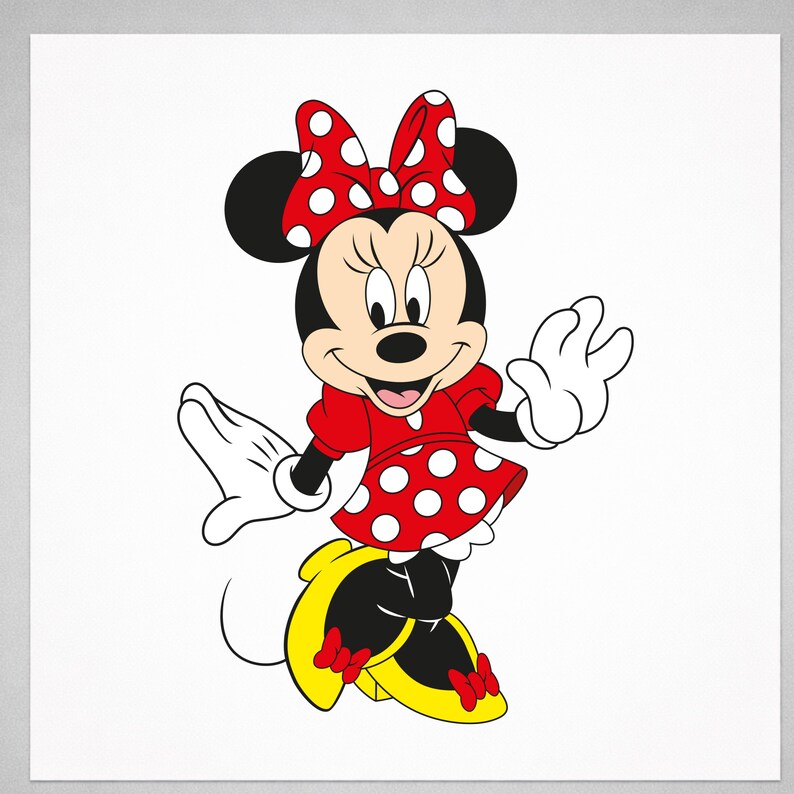May include: A cartoon illustration of Minnie Mouse, a popular Disney character. She is wearing a red dress with white polka dots, a matching bow, yellow shoes, and white gloves. Her black ears and smiling face are prominent.