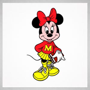 May include: Cartoon illustration of Minnie Mouse wearing a red top with a yellow "M", a yellow skirt, and yellow shoes. She has a red bow and is holding a book. The background is white.
