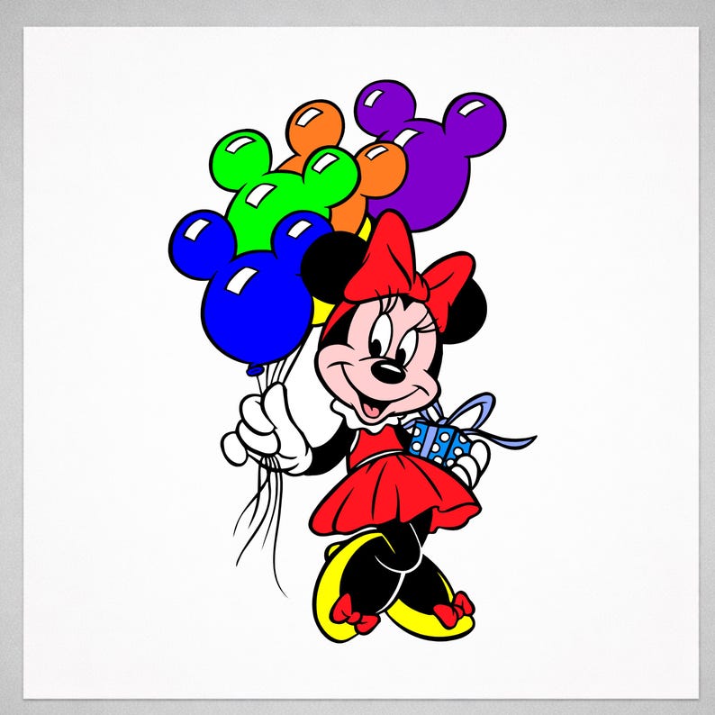 May include: A cartoon illustration of Minnie Mouse holding a bundle of colorful Mickey Mouse-shaped balloons and a wrapped gift. Minnie Mouse is wearing a red dress, bow, and yellow shoes, with a white background.