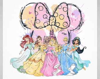 Watercolor Princess Clipart, Ariel Belle Aurora Cinderella Jasmine, Castle (Instant Download)