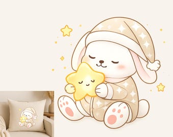Baby Bunny Clipart PNG, Sleeping Bunny Illustration, Nursery Wall Art, Newborn Room Decor