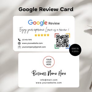 Google review card template front and back layout with QR code, star rating, contact details, and editable Canva badge.