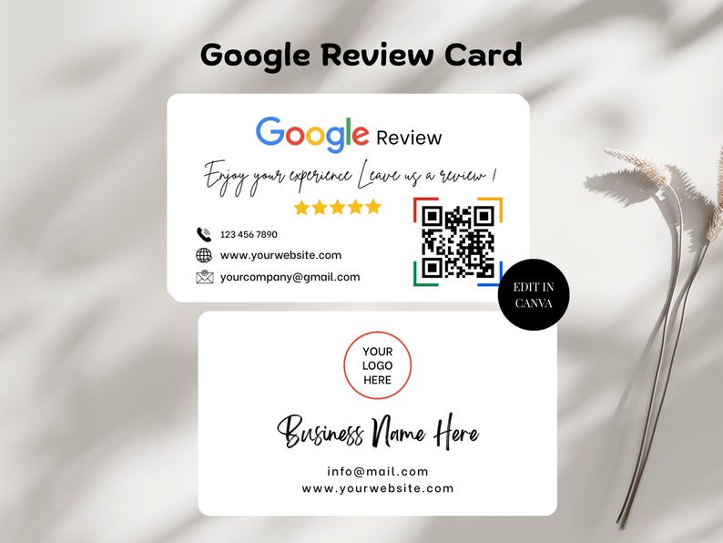 Google review card template front and back layout with QR code, star rating, contact details, and editable Canva badge.