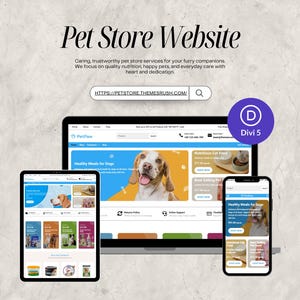 May include: A website design for a pet store, displayed on a laptop, tablet, and smartphone. The website features images of dogs and cats, with text that reads "Healthy Meals for Dogs" and "Nutritious Cat Food". The website's URL is visible.