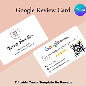 Modern Google review card template design with angled front and back layout and branding space for business logo.